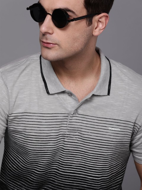 

Ducati Men Grey Melange & Black Striped Polo Collar T-shirt