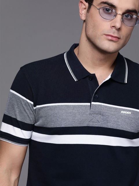 

Ducati Men Navy Blue & White Striped Polo Collar T-shirt