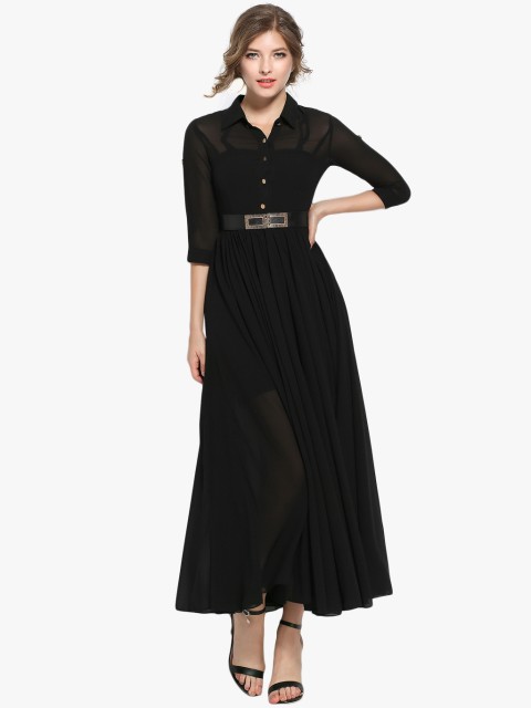 

JC Collection Women Black Solid Maxi Dress with Belt & Inner