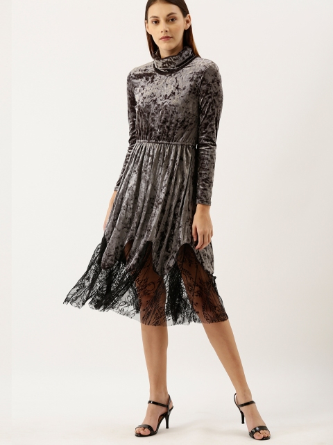 

JC Collection Women Silver-Toned Solid Velvet Semi-Sheer Fit and Flare Dress