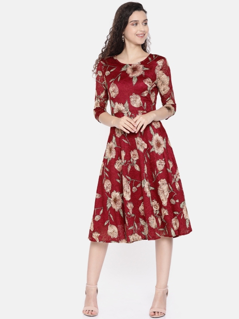 

JC Collection Women Maroon & Beige Printed Fit & Flare Lace Dress