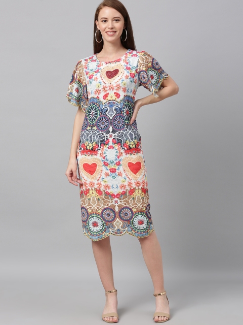 

JC Collection Women White & Blue Embellished Detail Printed Sheath Dress