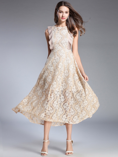 

JC Collection Women Beige Lace Semi-Sheer A-Line Dress