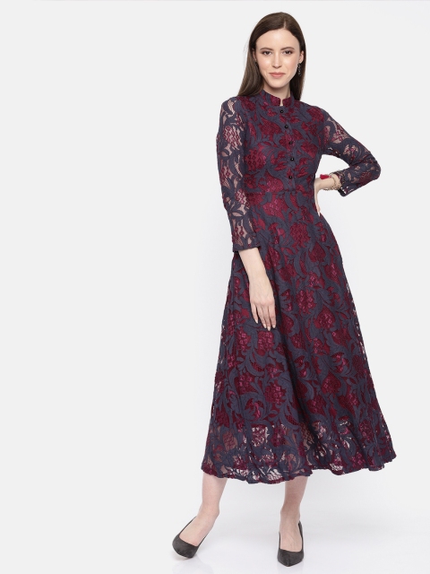 

JC Collection Women Red & Navy Blue Self Design Fit and Flare Dress with Lace Inserts