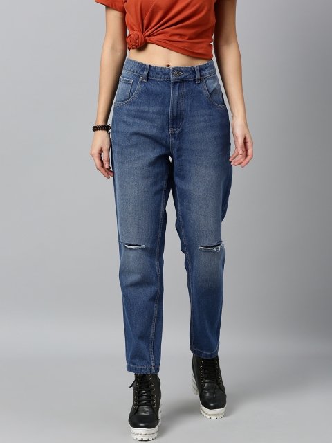 Women Blue Boyfriend Fit Mid-Rise Low Distress Stretchable Jeans