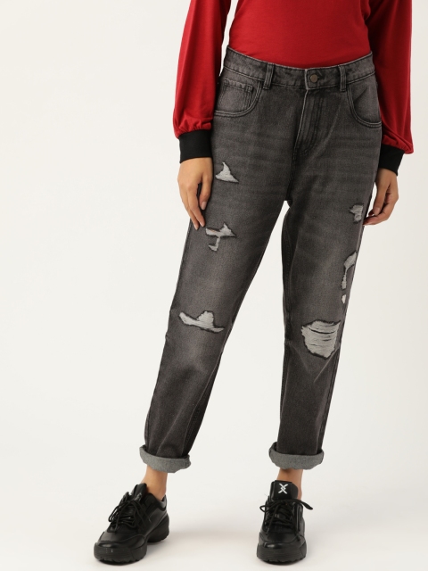 Women Charcoal Grey Boyfriend Fit Mid-Rise Mildly Distressed Stretchable Jeans