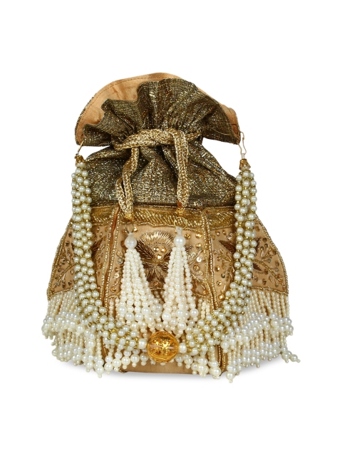 

Anekaant Gold-Toned & White Embellished Clutch