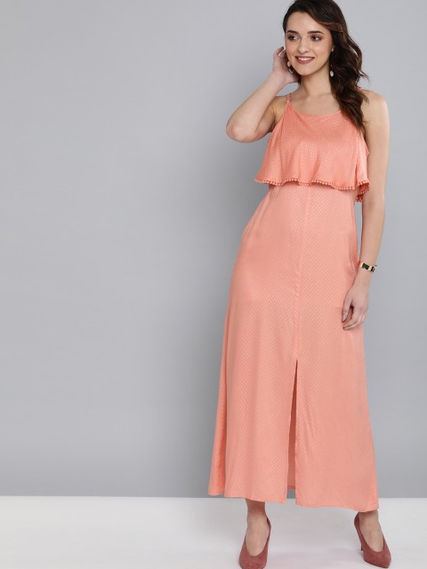 

HERE&NOW Women Peach-Coloured Self Design Layered Semi-Sheer Maxi Dress