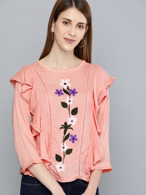 

HERE&NOW Women Pink Self Design Regular Top