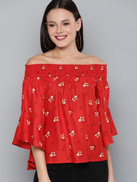 

HERE&NOW Women Red & White Printed Off-Shoulder Top