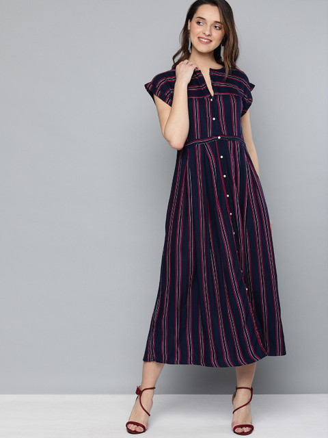 

HERE&NOW Women Navy Blue & Red Striped A-Line Dress