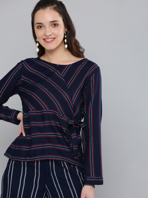

HERE&NOW Women Navy Blue & Red Striped Wrap Top