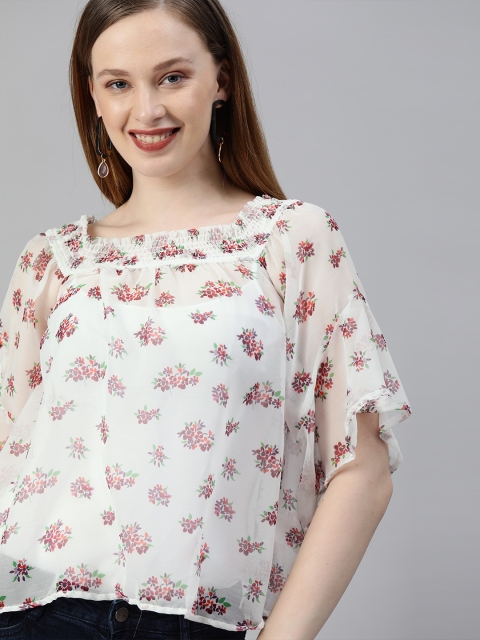 

HERE&NOW Women White & Maroon Floral Printed Smocked Sheer Top