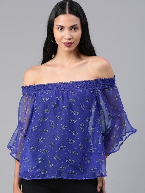 

HERE&NOW Women Blue & Off-White Ditsy Floral Printed Bardot Sheer Top