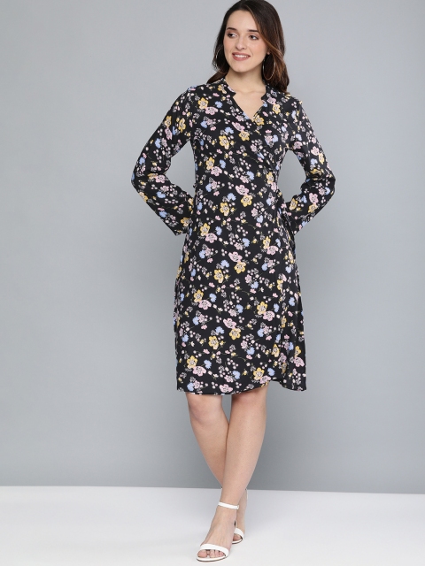 

HERE&NOW Women Black Floral Printed Wrap Dress