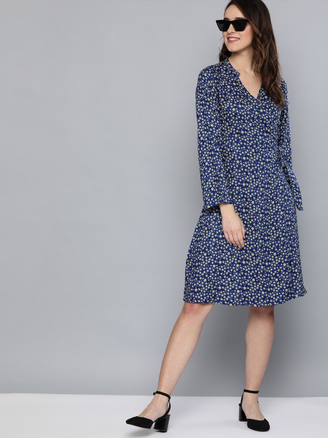 

HERE&NOW Women Navy Blue & Yellow Printed Wrap Dress