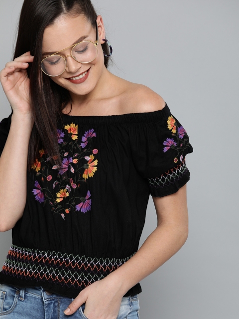 

HERE&NOW Women Black Embroidered Bardot Top