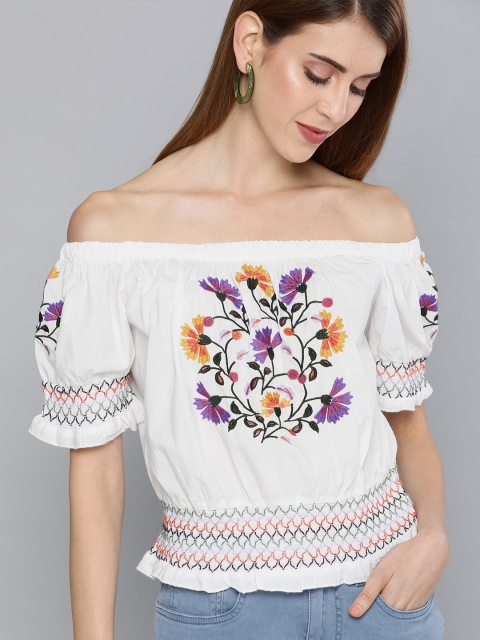 

HERE&NOW Women White Embroidered Bardot Top