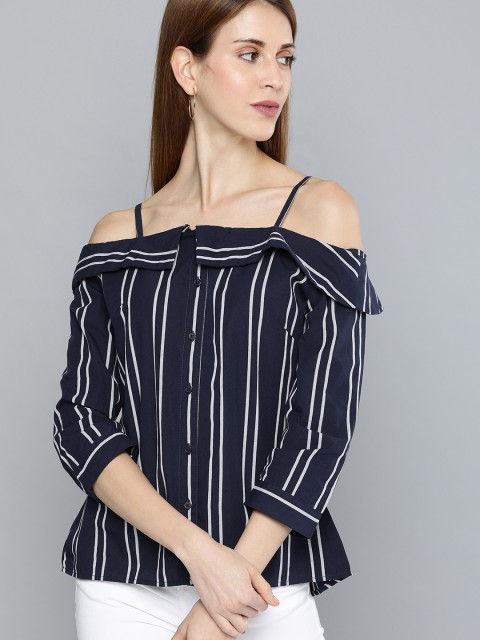 

HERE&NOW Women Navy Blue & White Striped Bardot Top