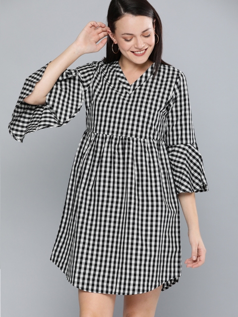 

HERE&NOW Women Black & Off-White Checked A-Line Dress