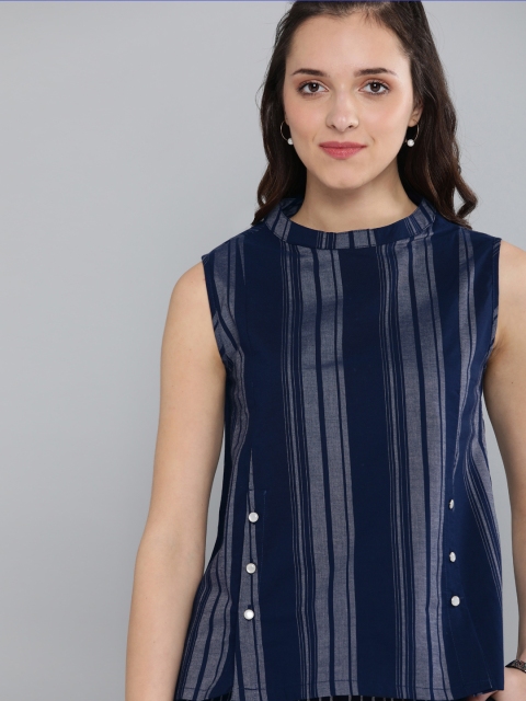 

HERE&NOW Women Navy Blue & Grey Striped A-Line Top