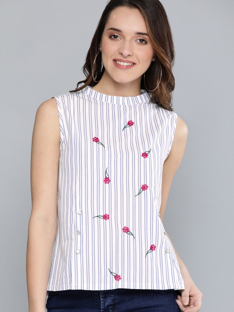 

HERE&NOW Women White Striped Pure Cotton Top