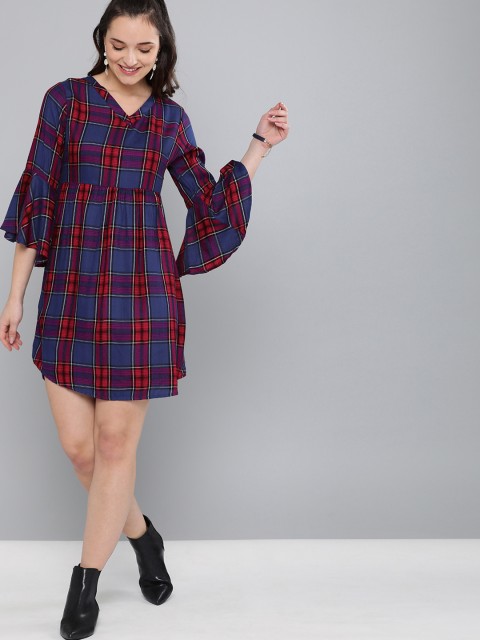 

HERE&NOW Women Navy Blue & Red Checked A-Line Dress