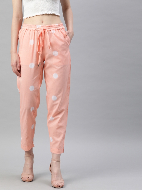 

Moda Rapido Women Peach-Coloured & White Regular Fit Printed Peg Trousers