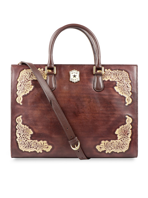 

Hidesign Brown Handcrafted Embossed Leather Handheld Bag