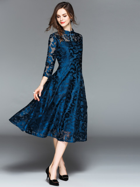 

JC Collection Women Teal Blue Lace Semi-Sheer A-Line Dress