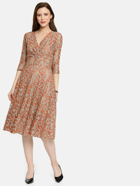 

JC Collection Women Rust Brown And Beige Self Design Fit and Flare Dress