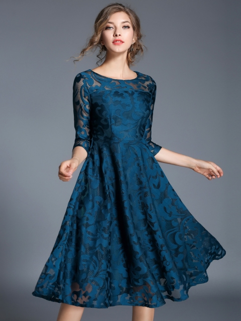 

JC Collection Women Teal Blue Lace Fit and Flare Dress