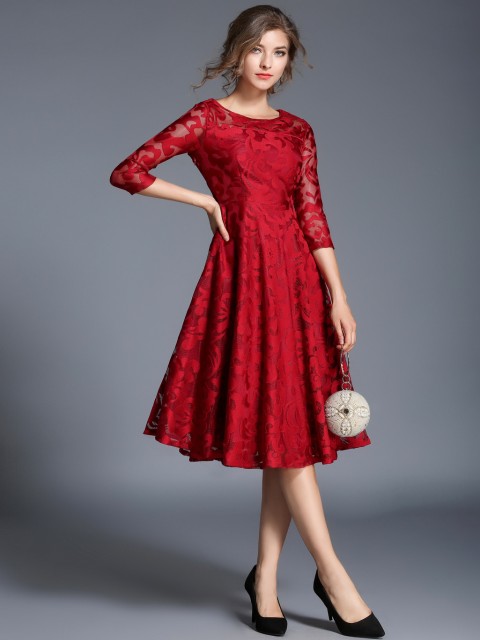 

JC Collection Women Red Lace Semi-Sheer Fit & Flare Dress