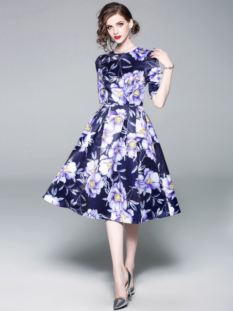 

JC Collection Women Navy Blue & Purple Printed Fit and Flare Dress