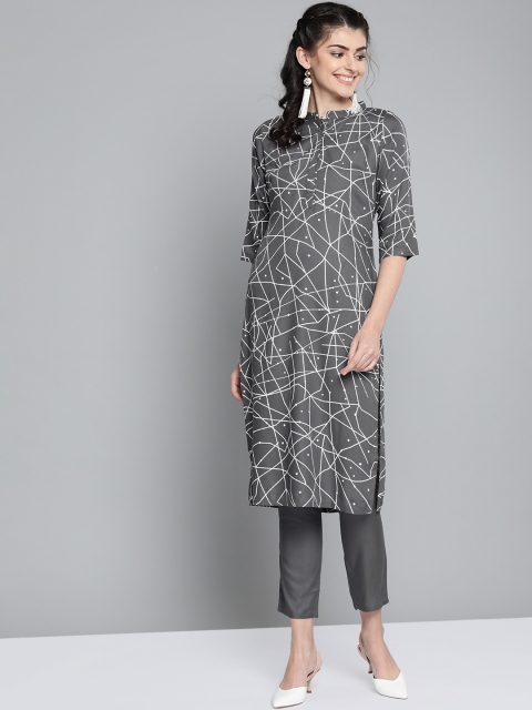 

HERE&NOW Women Charcoal Grey & Off-White Printed Kurta with Trousers