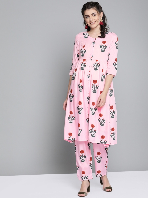 

HERE&NOW Women Pink & Green Printed Kurta with Trousers