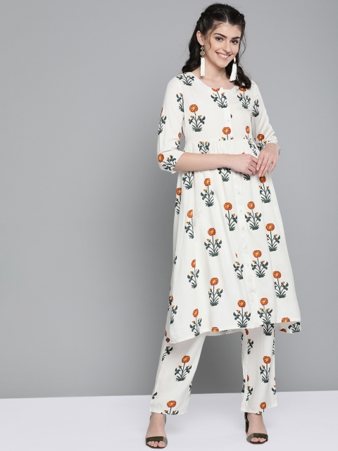 

HERE&NOW Women Off-White & Green Printed Kurta with Trousers
