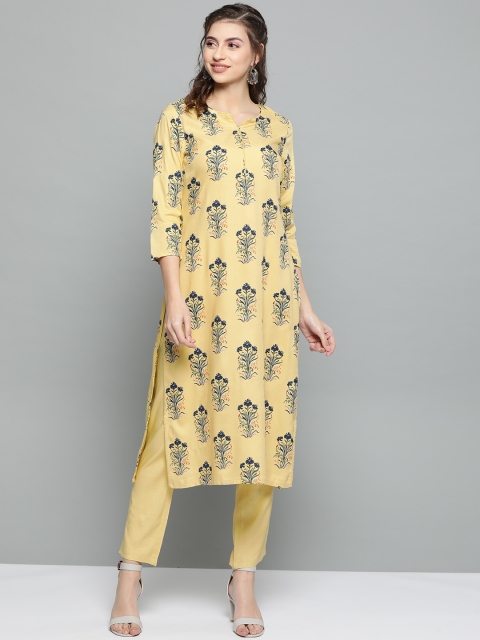 

HERE&NOW Women Yellow & Navy Blue Printed Kurta with Trousers