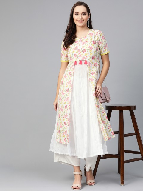 

Pannkh Women White & Pink Printed Layered A-Line Kurta