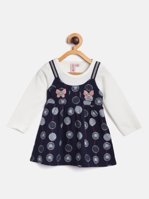 

Kids On Board Girls Navy Blue & White Printed A-Line Dress with Layered Detail