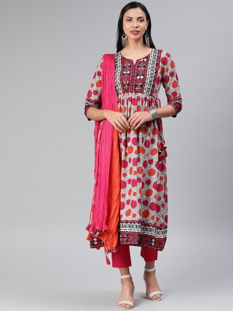 

Rain & Rainbow Women Grey & Pink Printed Kurta with Trousers & Dupatta