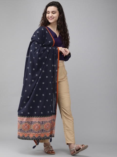 

Rain & Rainbow Navy Blue & White Printed Pure Cotton Dupatta