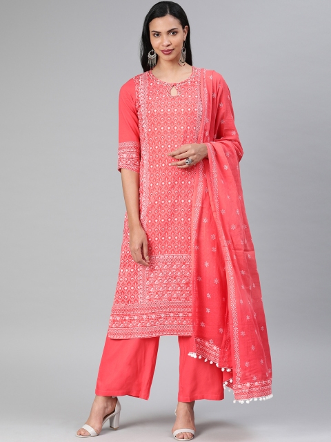 

Rain & Rainbow Women Coral Pink & White Printed Kurta with Palazzos & Dupatta
