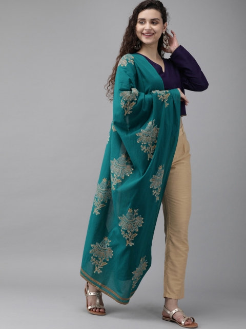 

Rain & Rainbow Green & Mustard Yellow Printed Pure Cotton Dupatta