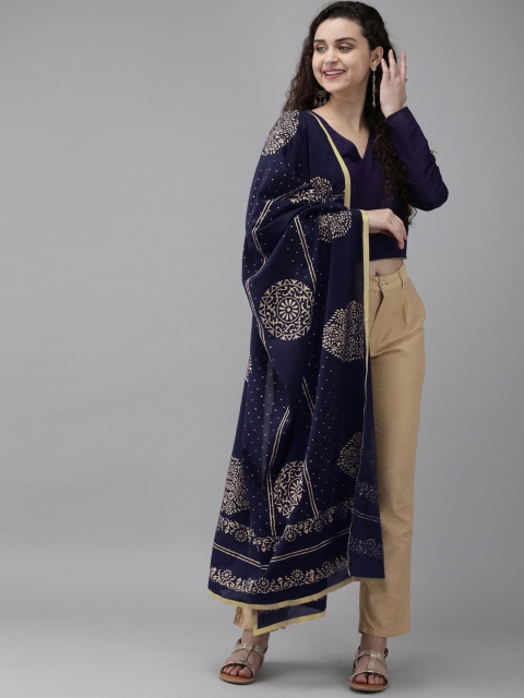

Rain & Rainbow Navy Blue & Gold-Toned Printed Dupatta