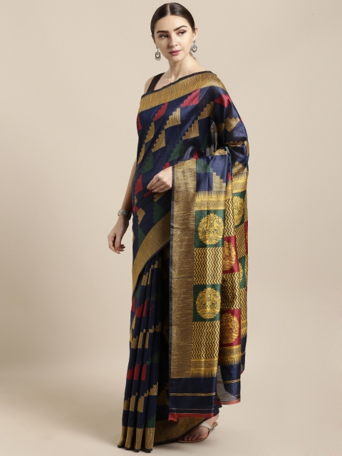 

Saree Swarg Navy Blue Silk Blend Woven Design Banarasi Saree