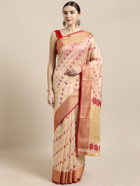 

Saree Swarg Cream-Coloured & Red Silk Blend Woven Design Banarasi Saree
