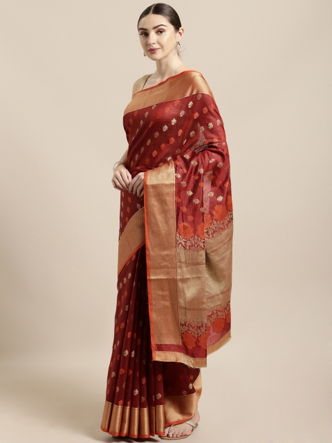 

Saree Swarg Maroon Silk Blend Woven Design Banarasi Saree