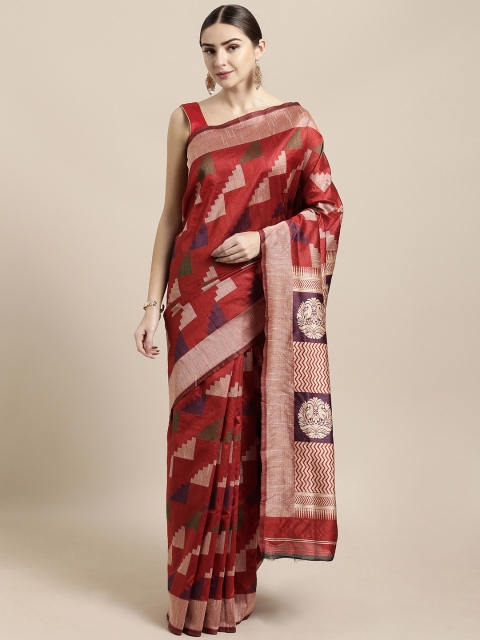 

Saree Swarg Maroon Silk Blend Woven Design Banarasi Saree