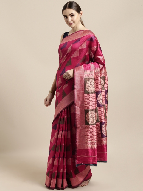 

Saree Swarg Magenta Pink & Navy Blue Silk Blend Woven Design Banarasi Saree